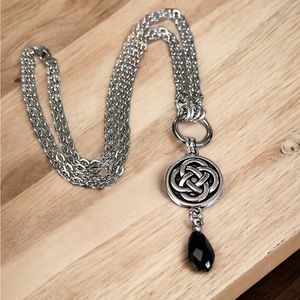 Necklace stainless steel cable link chain , celtic charm & dangly black crystal
